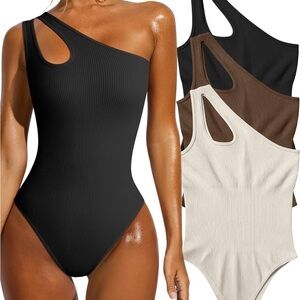 Bundle of 2 One-Shoulder Ribbed Bodysuit - Black, Cream NWOT